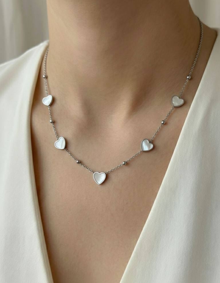 Silber Halskette Damen mit Herz Anhänger aus Edelstahl - PERLENHERZ